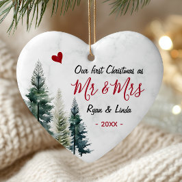 Elegant first Christmas as Mr and Mrs heart shaped Keramik Ornament