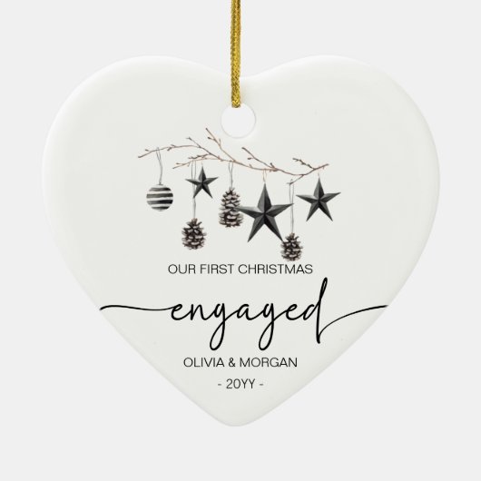 Elegant First Christmas Engaged Names Keramik Ornament (Hinten)