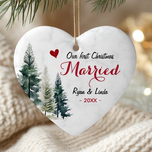 Elegant first Christmas Married heart shaped Keramik Ornament