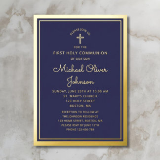 Elegant First Communion Navy Blue Boy Gold Folieneinladung