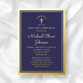 Elegant First Communion Navy Blue Boy Gold Folieneinladung
