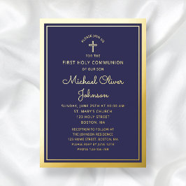 Elegant First Communion Navy Blue Boy Gold Folieneinladung