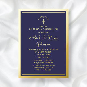 Elegant First Communion Navy Blue Boy Gold Folieneinladung
