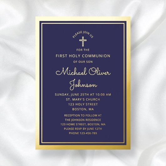 Elegant First Communion Navy Blue Boy Gold Folieneinladung