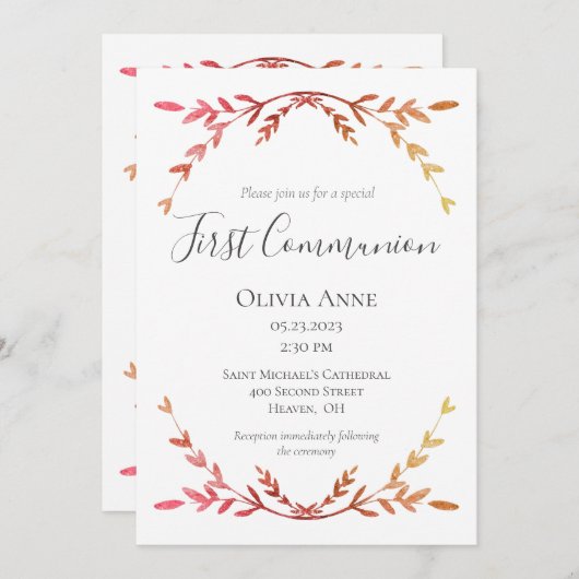 Elegant First Communion Peach Script Simple Einladung (Vorne/Hinten)