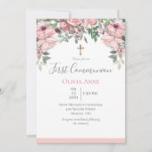 Elegant First Communion Pink Floral Name Einladung (Vorderseite)