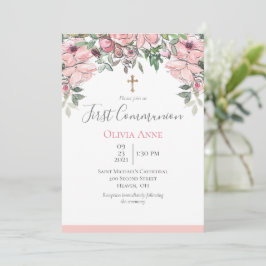 Elegant First Communion Pink Floral Name Einladung
