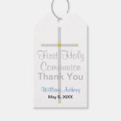 Elegant First Communion Silver Cross Blue Geschenkanhänger (Vorderseite)