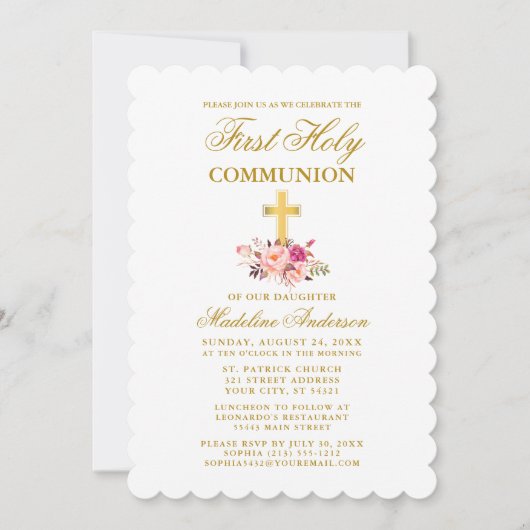 Elegant First Communion Wasserfarbe Rosa Blütenfar Einladung (Vorderseite)