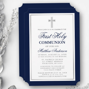 Elegant First Heilige Kommunion Blau und Silber Einladung
