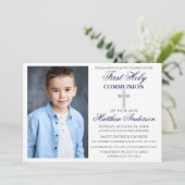 Elegant First Holy Communion Blue Silver Striping Einladung (Stehend Vorderseite)