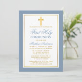 Elegant First Holy Communion Dusty Blue Gold Einladung (Stehend Vorderseite)