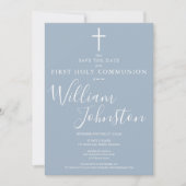Elegant First Holy Communion Dusty Blue Save The Date (Vorderseite)