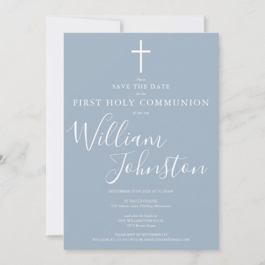 Elegant First Holy Communion Dusty Blue Save The Date (Vorderseite)