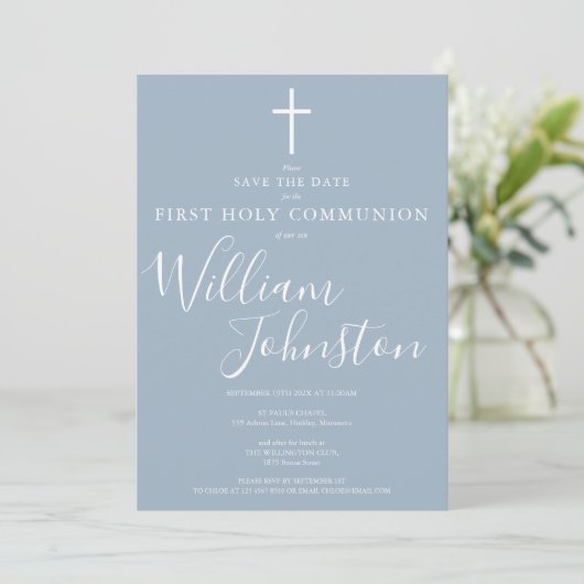 Elegant First Holy Communion Dusty Blue Save The Date (Stehend Vorderseite)
