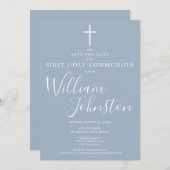 Elegant First Holy Communion Dusty Blue Save The Date (Vorne/Hinten)