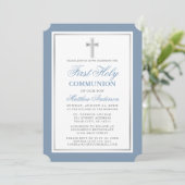 Elegant First Holy Communion Dusty Blue Silver Einladung (Stehend Vorderseite)