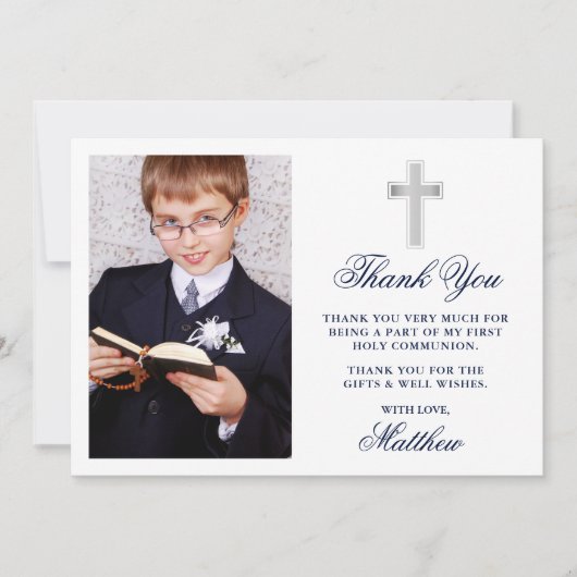 Elegant First Holy Communion Foto Blue Dankeskarte (Vorderseite)