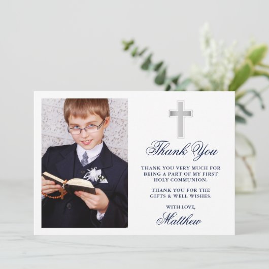 Elegant First Holy Communion Foto Blue Dankeskarte (Stehend Vorderseite)