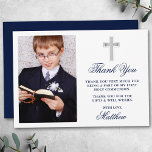 Elegant First Holy Communion Foto Blue Dankeskarte<br><div class="desc">Elegante Erste Heilige Kommunion Dankeschön Karte mit Silberkreuz. Foto Front. Navy Blue Script.</div>