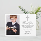 Elegant First Holy Communion Foto Silver Dankeskarte (Stehend Vorderseite)