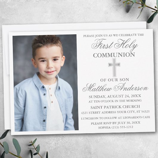Elegant First Holy Communion Foto Silver Einladung