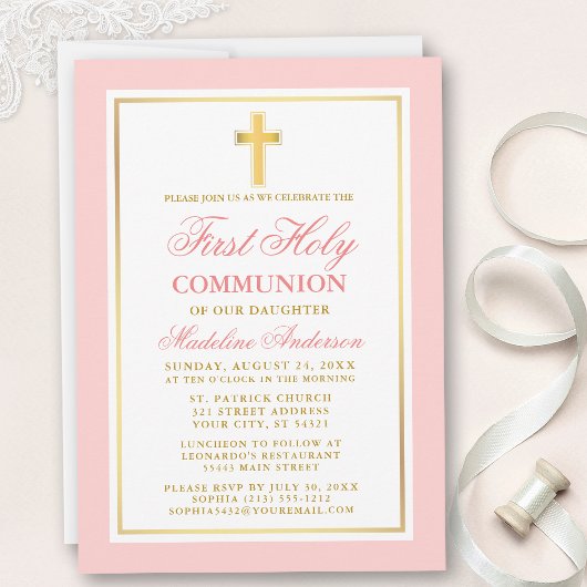 Elegant First Holy Communion Pink Gold Einladung