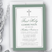 Elegant First Holy Communion Sage Green Silver Einladung