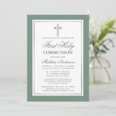 Elegant First Holy Communion Sage Green Silver Einladung (Stehend Vorderseite)