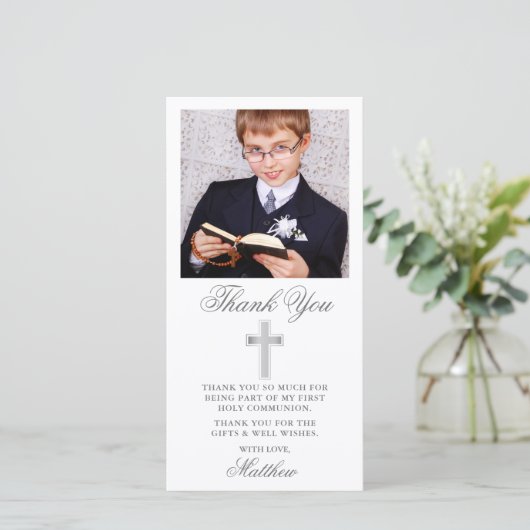 Elegant First Holy Communion Silver Dankeskarte (Stehend Vorderseite)