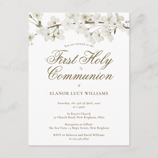 Elegant First Holy Communion White Blossom Floral Einladungspostkarte (Vorderseite)