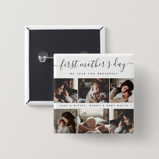Elegant First Mother's Day Custom Foto Collage Button (Vorne & Hinten)