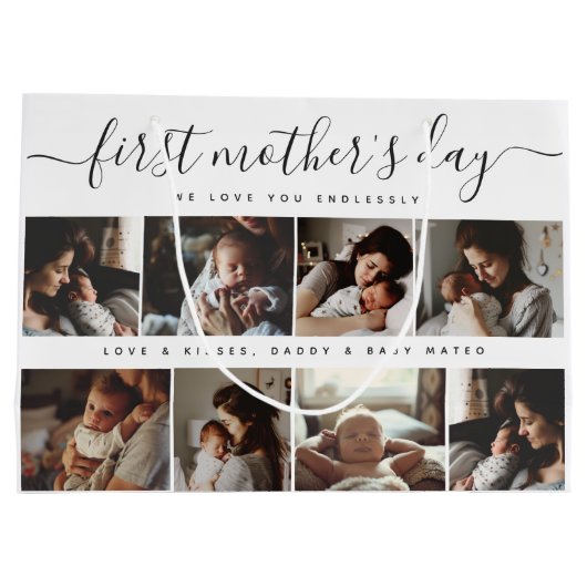 Elegant First Mother's Day Custom Foto Collage Große Geschenktüte (Rückseite)