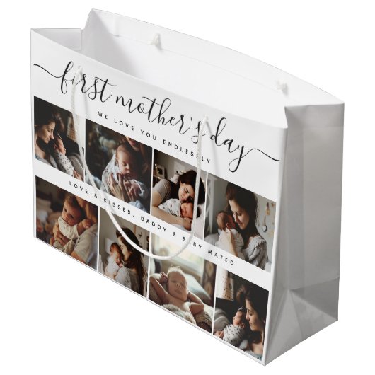 Elegant First Mother's Day Custom Foto Collage Große Geschenktüte (Rückseite Schrägansicht)