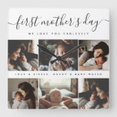 Elegant First Mother's Day Custom Foto Collage Quadratische Wanduhr (Vorderseite)