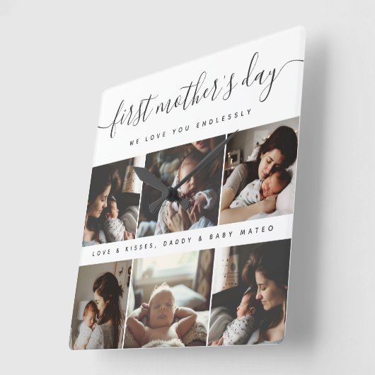 Elegant First Mother's Day Custom Foto Collage Quadratische Wanduhr (Winkel)