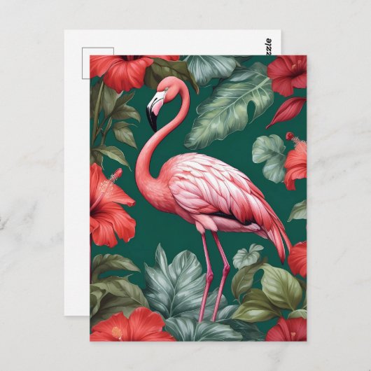 Elegant Flamingo Hibiskus Blume Emerald Green Postkarte (Vorne/Hinten)