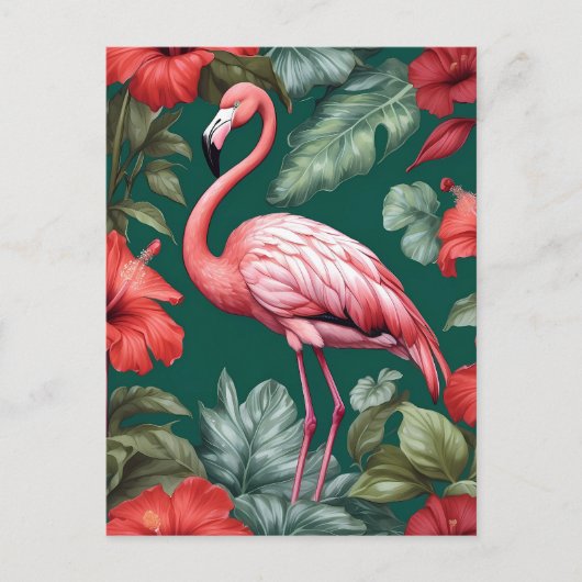Elegant Flamingo Hibiskus Blume Emerald Green Postkarte (Vorderseite)