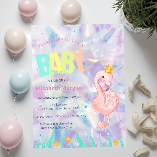 Elegant Flamingo Holographic Baby Shower Einladung