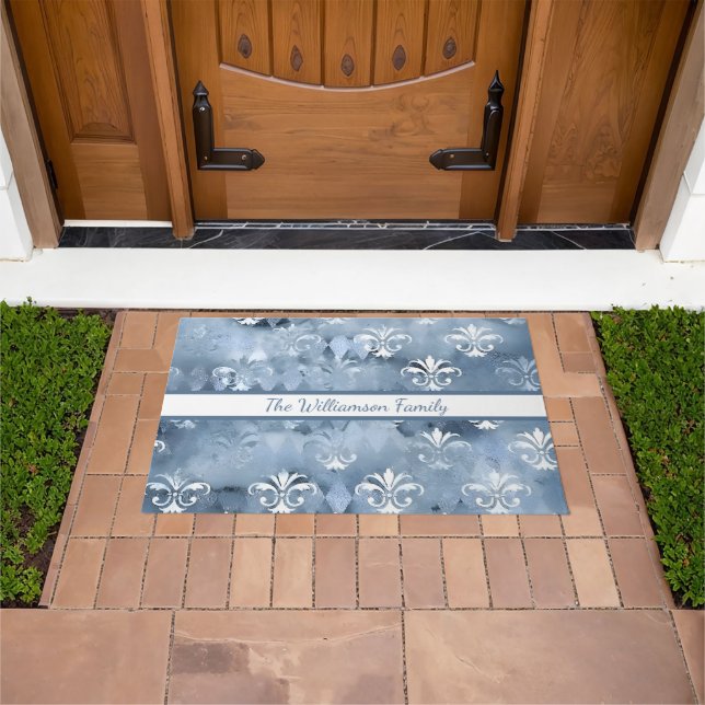 Elegant Fleur-de-Lis - Vintages blaues Französisch Fußmatte (Außenbereich)