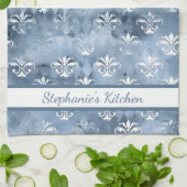 Elegant Fleur-de-Lis - Vintages blaues Französisch Geschirrtuch (Gefaltet)