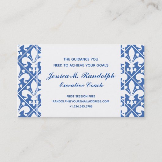 Elegant Fleur de Lys Führungskraft Blue und White Visitenkarte (Vorderseite)