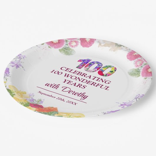 Elegant Floral 100. Geburtstagsparty / 100 Jahre Pappteller (Schrägansicht)