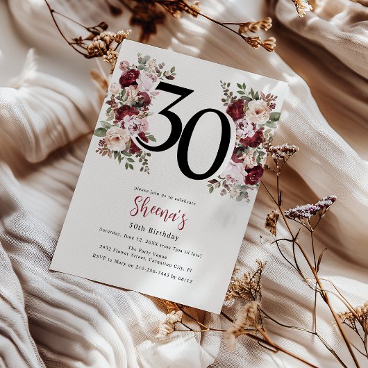 Elegant Floral 30. Geburtstag Einladung