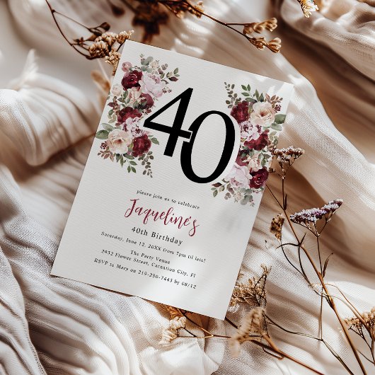 Elegant Floral 40. Geburtstag Einladung