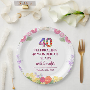 Elegant Floral 40. Geburtstag Party / 40 Jahre Pappteller