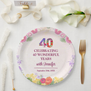 Elegant Floral 40. Geburtstag Party / Pastel 40 Pappteller