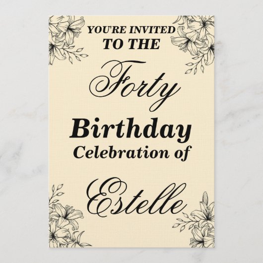 Elegant Floral 40th Birthday Invitation Template Einladung (Vorderseite)