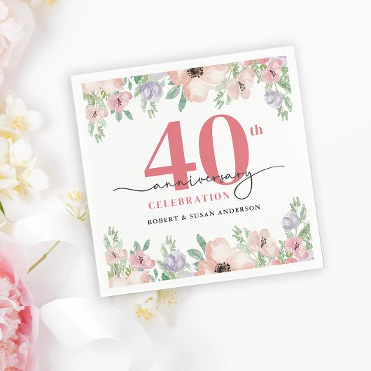 Elegant Floral 40th Wedding Anniversary Serviette