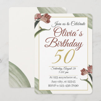 Elegant Floral 50. – Gold- und Rosé-Blume Einladung
